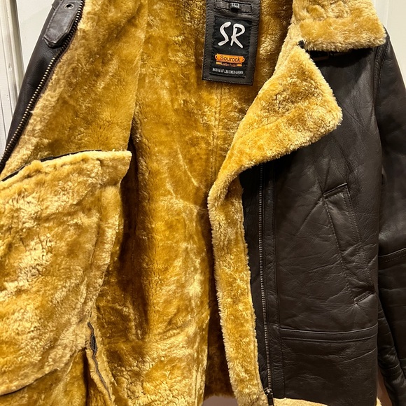 Sourock Brown Leather Jacket with Plush Shearling Collar Sz Large - Picture 2 of 10